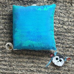 Sequin Mermaid Pillow in Bright Aqua/Teal & White with Ty Slush Pouch Gift